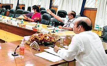 Chief Minister Basavaraja Bommai at the virtual meeting with GoM on GST