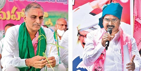Ministers T Harish Rao and S Niranjan Reddy stage dharnas on Friday alongside farmers on the paddy procurement issue demanding that the Central government procure the entire stock of Kharif paddy