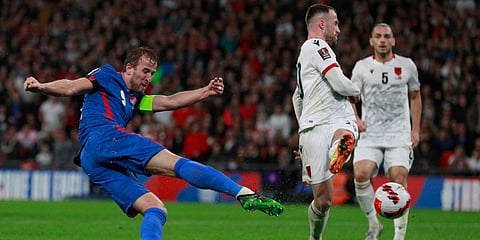 England's Harry Kane takes a shot at goal. (Photo | AP)
