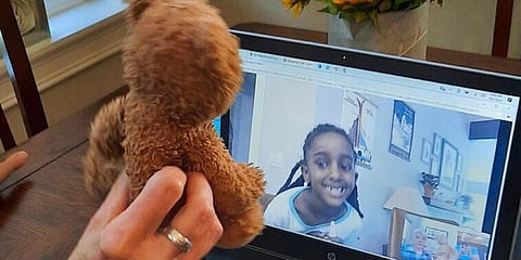 Hayden talks online with Naomi Pascal on Oct. 2, 2021, as a friend shows Naomi the teddy bear the little girl lost in Glacier National Park, Montana, a year earlier. (Photo | AP)