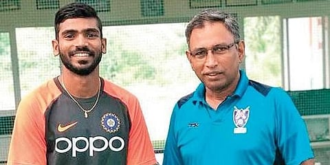 Coach Janapareddy Krishna Rao with Kona Srikar Bharat, who has secured a spot in the Indian Test Squad against New Zealand, in Visakhapatnam (Photo | EPS)