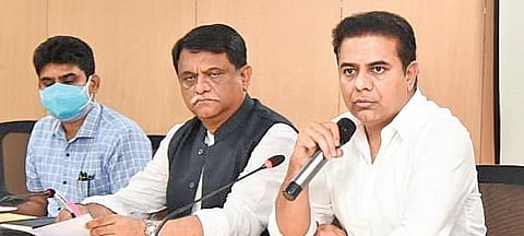 Minister KT Rama Rao addresses the media on Saturday. Special Chief Secretary Arvind Kumar and GHMC Commissioner Lokesh Kumar are also seen