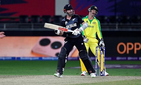 New Zealand's captain Kane Williamson hits a boundary during the T20 World Cup final match against Australia in Dubai, UAE, Sunday, Nov. 14, 2021.  (Photo | AP)