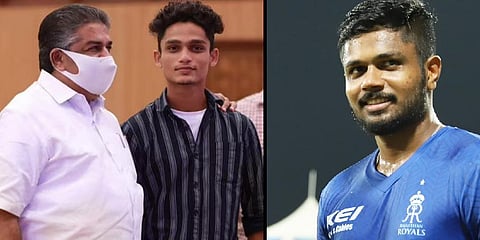(Left) Footballer Adarsh with the minister for Fisheries Culture and Youth Affairs, (right) Sanju Samson