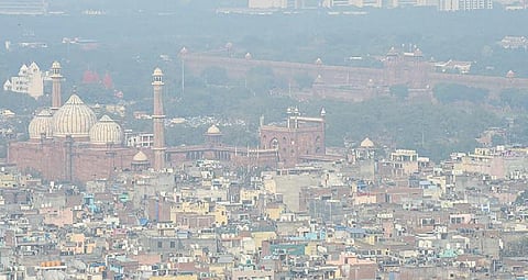 View of the Jama Masjid and Red Fort shrouded in smog on Saturday. (Photo  | PTI)