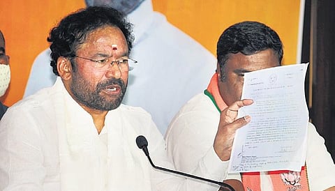 Union Minister G Kishan Reddy addresses the media at the BJP office in Hyderabad