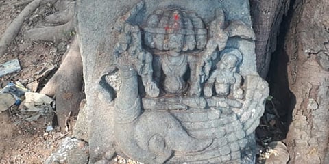 The idol of Lord Vishwakarma, with Goddess Mammai sitting by his side, discovered in Nizamabad district.