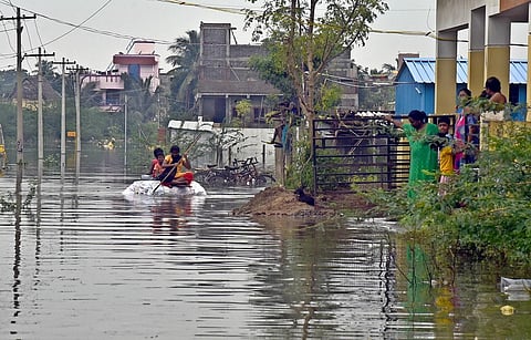 Makeshift boats being used at Dhanalakshmi Nagar at Iyyappanthangal. (Photo | Martin Louis)