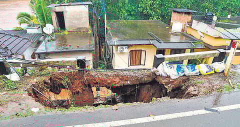 A portion of the Kaipattoor bridge in Pathanamthitta which caved in on Sunday