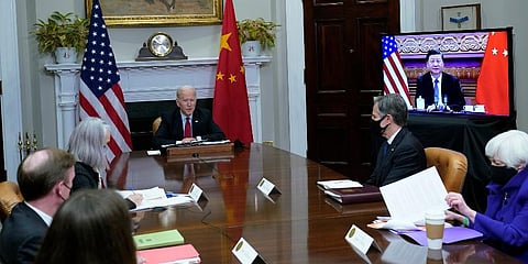 U.S. President Joe Biden meets virtually with Chinese President Xi Jinping from the Roosevelt Room of the White House in Washington, Monday, Nov. 15, 2021. (Photo | AP)