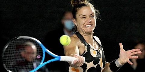 Greece's Maria Sakkari returns the ball to Belarus' Aryna Sabalenka during the women's singles match of the 2021 WTA Tournament Finals in Zapopan, Mexico, on November 15, 2021. (Photo | AFP)