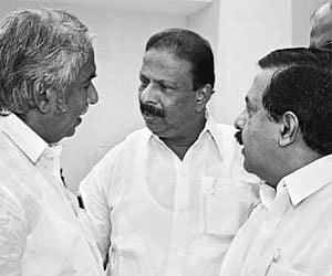 KPCC president K Sudhakaran having a word with Oommen Chandy and Ramesh Chennithala.( File | Photo)