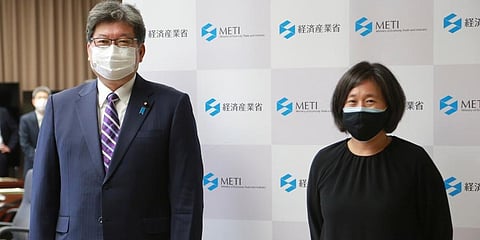US Trade Representative Katherine Tai, right, poses for a photo with her counterpart Koichi Hagiuda prior to their meeting in Tokyo. (Photo | AP)