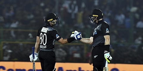 New Zealand's Martin Guptill and M Chapman during the first T20 cricket match agaisnt India at Sawai Mansingh Stadium, in Jaipur, Wednesday, Nov 17, 2021. (PTI | Photo)