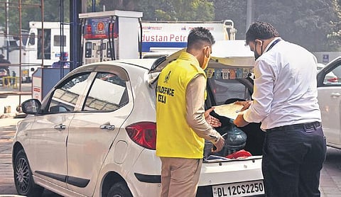 Vehicles checked for pollution at a city refilling station. (Photo| Parveen Negi, EPS)