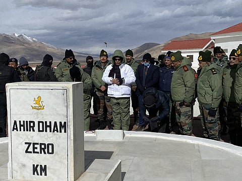 Rajnath Singh in eastern Ladakh's Rezang La. (Photo | Twitter)