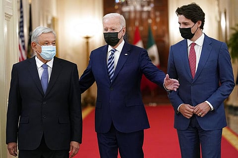 President Joe Biden walks with Mexican President Andrés Manuel López Obrador and Canadian Prime Minister Justin Trudeau (Photo | AP)