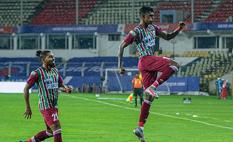 ATK Mohun Bagan forward Liston Colaco (right) celebrates his goal against Kerala Blasters with Roy Krishna at the PJN Stadium in Goa on Friday. (Photo | ISL)