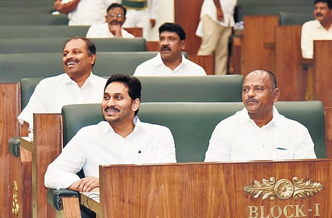 Chief Minister YS Jagan Mohan Reddy with YSRC MLAs in the Assembly at Velagapudi on Thursday. (Photo I Express)