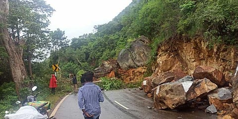 Huge boulders that rolled down the Burgur ghat road after a recent landslide following rains. (Photo | EPS)