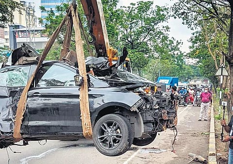 The car, which met with the accident killing models, Ansi Kabeer and Anjana Shajan, being lifted from the accident spot at Chakkaraparambu near Vyttila on Monday | Arun Angela