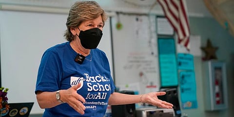 American Federation of Teachers President Randi Weingarten speaks to students at the New River Middle School. (Photo | AP)
