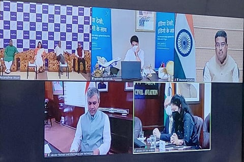 Civil Aviation Minister Jyotiraditya Scindia flagged off the direct flight service between Bhubaneswar and Jaipur in virtual mode. (Photo | EPS)