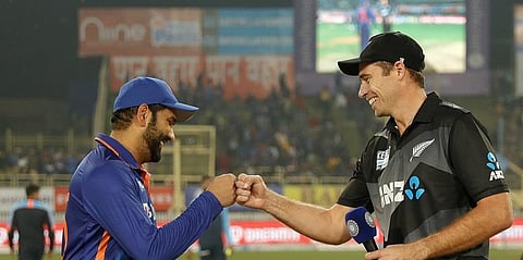 Indian Captain Rohit Sharma and New Zealand Captain Tim Southee at the toss before their second T20I in Ranchi, Nov 19, 2021. (Photo | Twitter)
