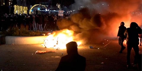 In this image taken from video, demonstrators protest against government restrictions due to the coronavirus pandemic in Rotterdam, Netherlands. (Photo | AP)