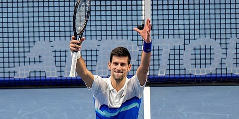 Serbia's Novak Djokovic celebrates after defeating Britain's Cameron Norrie during their ATP World Tour Finals singles tennis match, at the Pala Alpitour in Turin, Friday, Nov. 19, 2021. (Photo | AP)
