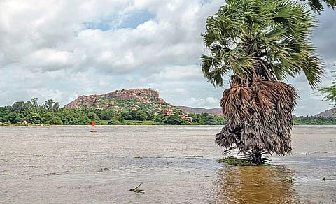 Purandara Mantapa got submerged in the waters of the River Tungabhadra, which lies in spate due to heavy rain over the last few days (Photo | EPS, Shiva Shankar)