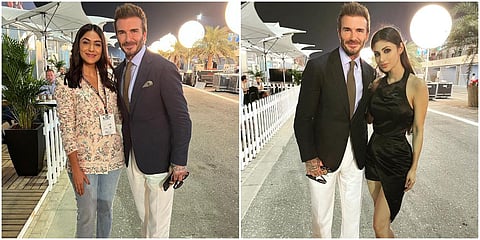 Mrunal Thakur (L) and Mouni Roy with football legend David Beckham. (Photo| Instagram)