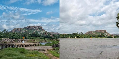 Before and after photos of Purandara mantapa which is submerged in water from heavy rain leading to flood on Tungabhadra river in Hampi. (Photo | Shivashankar Banagar)