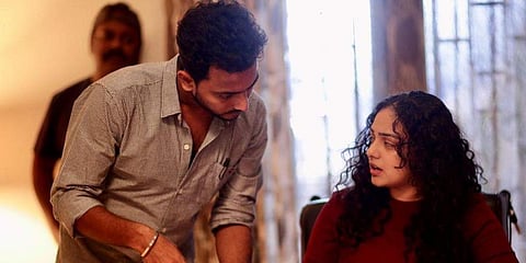 Vishnu Vijayan (L) with Nithya Menen on the sets of 'Psycho'. (Photo| Cinema Express)