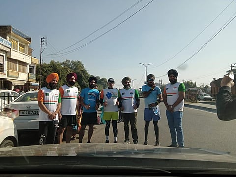 Kumar Ajwani (Centre) is on a Kashmir to Kanniyakumari run to raise funds for disabled soldiers.(Photo | Twitter)