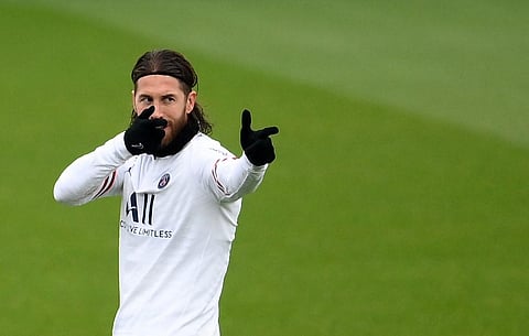 Paris Saint-Germain's Spanish defender Sergio Ramos gestures during a training session at the club's Camp des Loges training ground in Saint-Germain-en-Laye, on November 19, 2021. (Photo | AFP)
