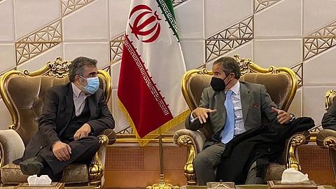 Director General of International Atomic Energy Agency, IAEA, Rafael Mariano Grossi, right, speaks with deputy head of the Atomic Energy Organization of Iran Behrouz Kamalvandi. (Photo | AP)