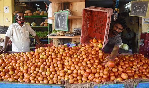 Tomatoes at a shop in Thiruvanmiyur market in Chennai. (Photo | Ashwin Prasath, EPS)