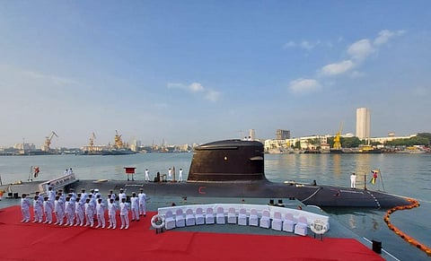 INS Vela, the fourth Scorpene-class submarine, commissioned into the Indian Navy, in the presence of Chief of Naval Staff Admiral Karambir Singh. (Photo | ANI)