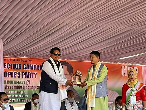 The party’s national president and Meghalaya Chief Minister Conrad K Sangma being greeted in Manipur (Photo | Special arrangement)