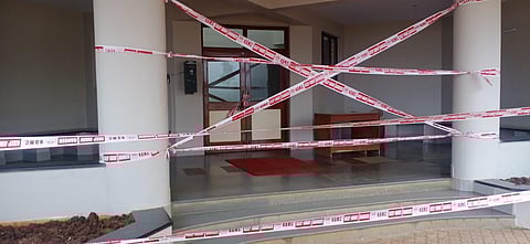 The sealed hostel entrance of SDM Medical College in Dharwad (Photo | Express)