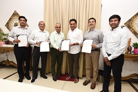 Telangana Minister KTR with representatives of Laurus labs and Dr. Reddy's Institute of Life Sciences during the signing of the consortium agreement, Thursday, Nov 25, 2021. (Photo | Twitter, KTR)