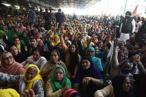 Farmers shout slogans during the year-long protest against the Centre's three farm laws at Singhu Border on Friday. (Photo | EPS/Parveen Negi)