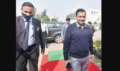 CM Arvind Kejriwal arrives for the Delhi Assembly session. (Photo | Express)