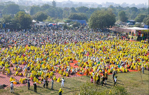 Women farmers gather at Tikri border to mark one year anniversary of farmers' agitation, in New Delhi. (Photo | PTI)
