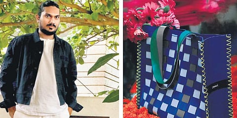 Artist-activist Sudheer Rajbhar, left, and a bag from his 'Chamar studio'.