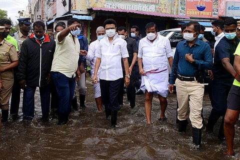 Tamil Nadu Chief Minister M K Stalin visits flood affected area at Pattalam in Chennai. (Photo | Debadatta Mallick,EPS)