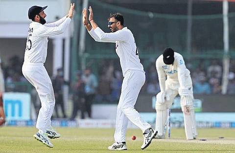 Axar Patel took his fifth five-wicket haul in his fourth Test on Saturday  to help India bowl New Zealand out for 296 in Kanpur. (Photo | sportzpics)