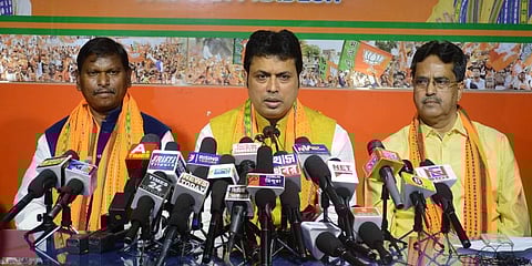 Tripura CM Biplab Kumar Deb during a press conference after BJP party won Tripura Municipal Elections (Photo | PTI)