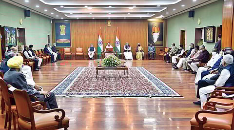 Vice President and Rajya Sabha Chairman M Venkaiah Naidu chairs a meeting of floor leaders of all parties on Sunday, a day before the beginning of the winter session of Parliament in New Delhi | PTI